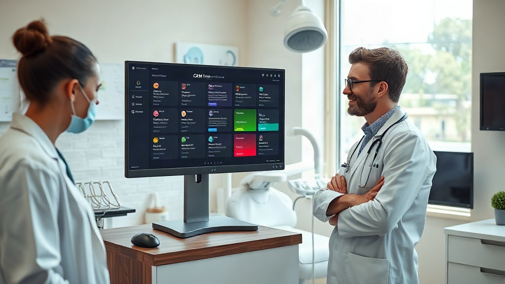 Dentista e recepcionista usando um CRM em computador para acompanhar orçamentos de implante na clínica odontológica.
