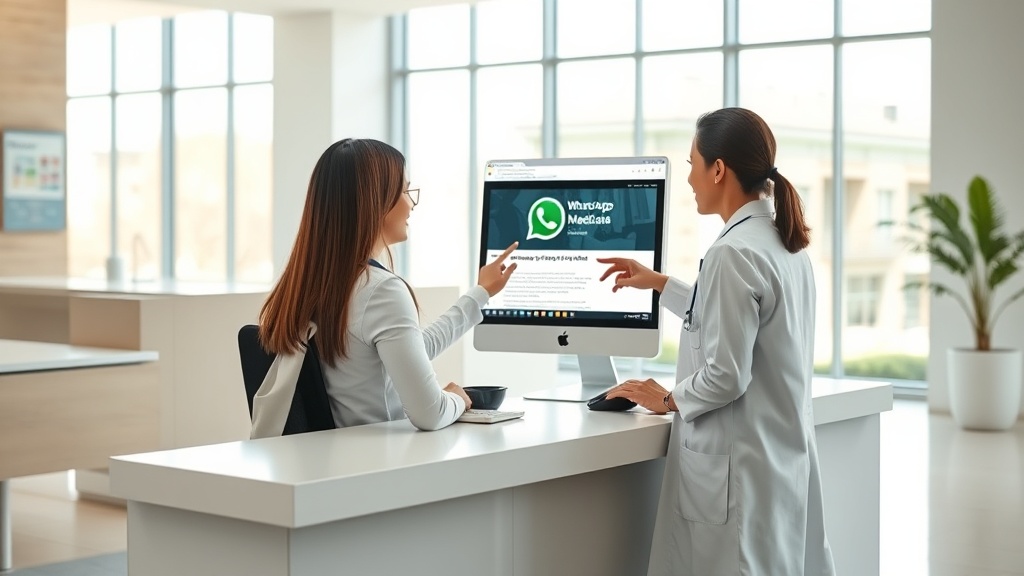 Recepção de clínica com site aberto em computador mostrando ícone de WhatsApp ao lado de paciente e recepcionista.