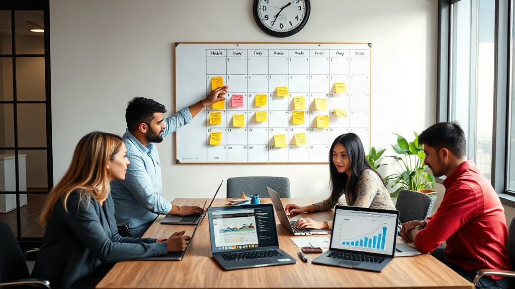 Equipe de escritório de advocacia planejando calendário de SEO em frente a um grande calendário anual na parede