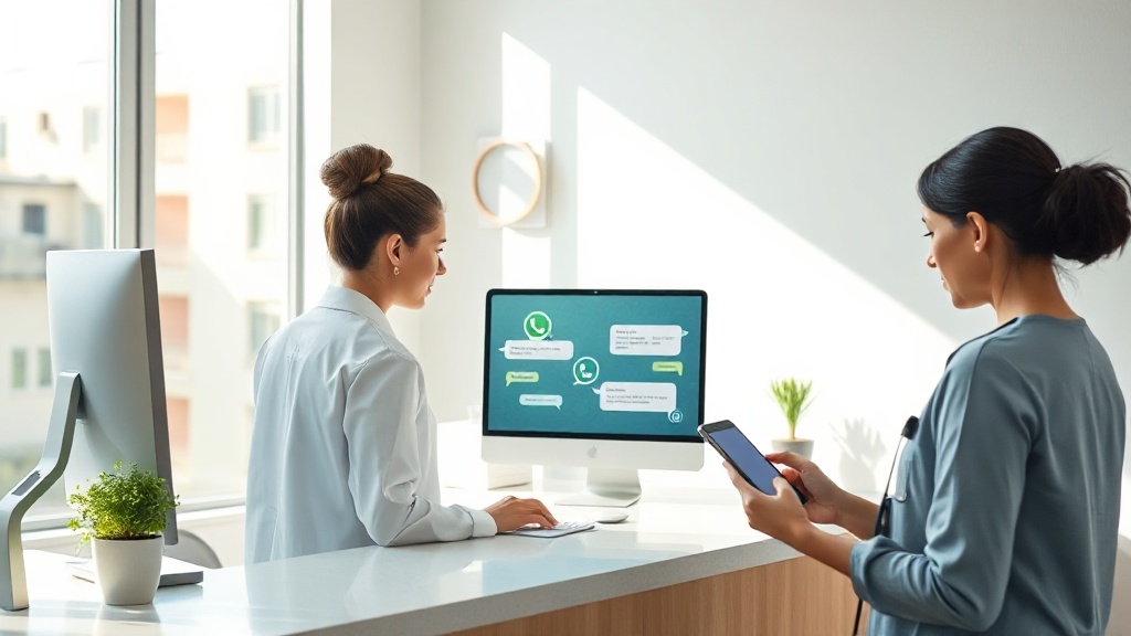 Recepcionista de clínica atendendo no computador enquanto paciente usa WhatsApp no celular.