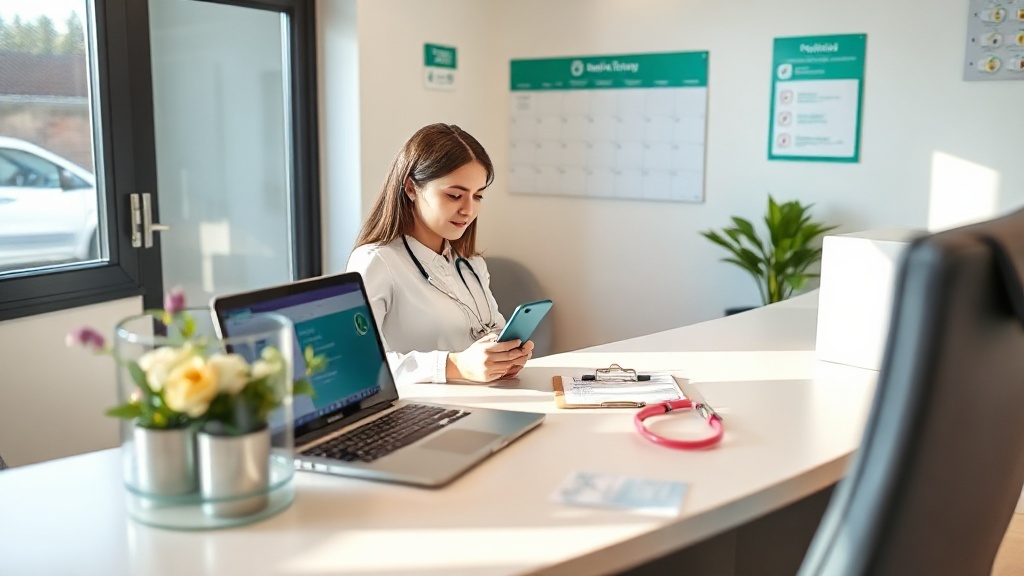 Recepcionista de clínica pequena usando computador e celular para gerenciar agendamentos automatizados.