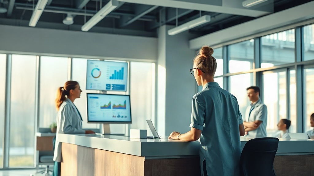 Recepção de clínica com equipe acompanhando métricas online e atendimento de pacientes.