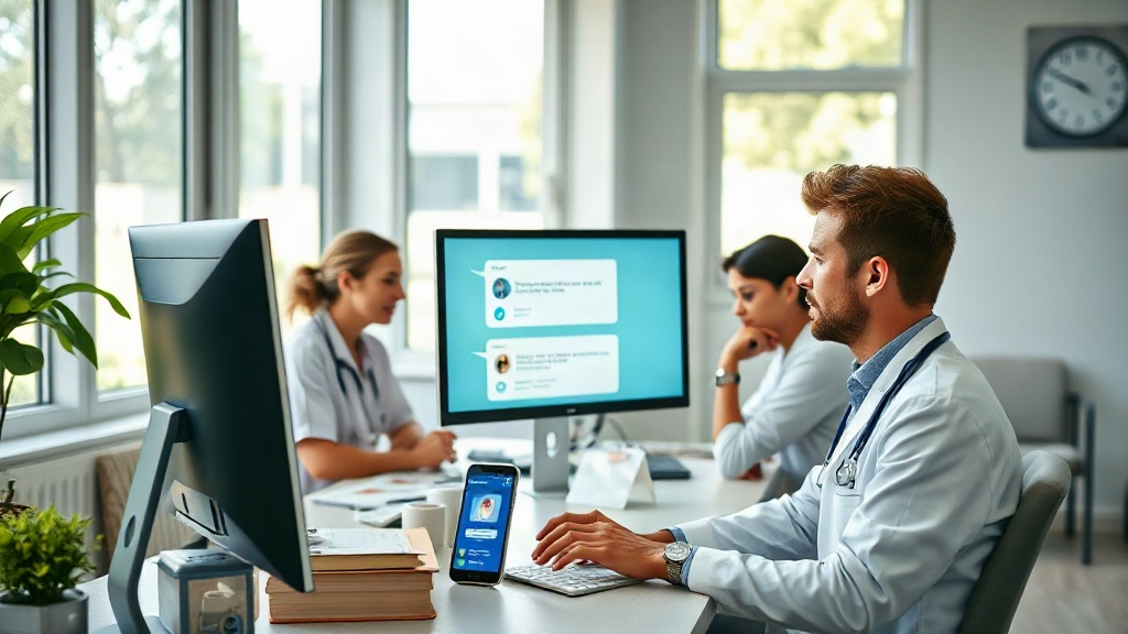 Recepção de clínica usando computador e celular para gerenciar leads e agendamentos com automação.