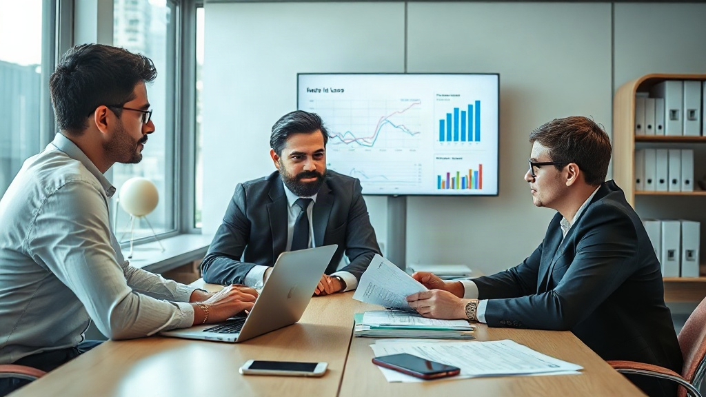 Advogados analisando relatórios de SEO no notebook e em planilhas dentro de um escritório jurídico.