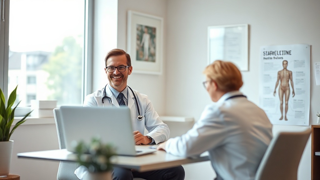 Médico e gestora analisando avaliações online da clínica em notebook na recepção moderna.