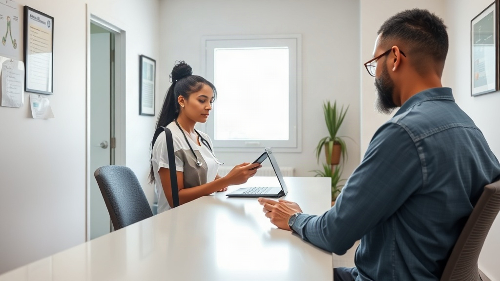 Recepcionista de clínica pequena usando computador e celular para confirmar consultas com paciente no WhatsApp