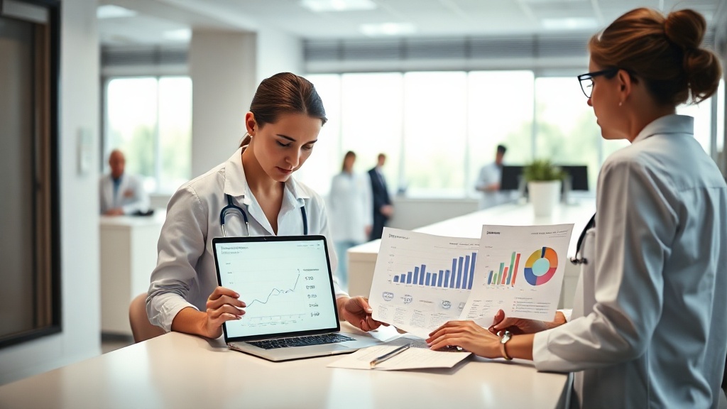 Gestora de marketing e recepcionista analisando indicadores de pacientes no computador na recepção de uma clínica.