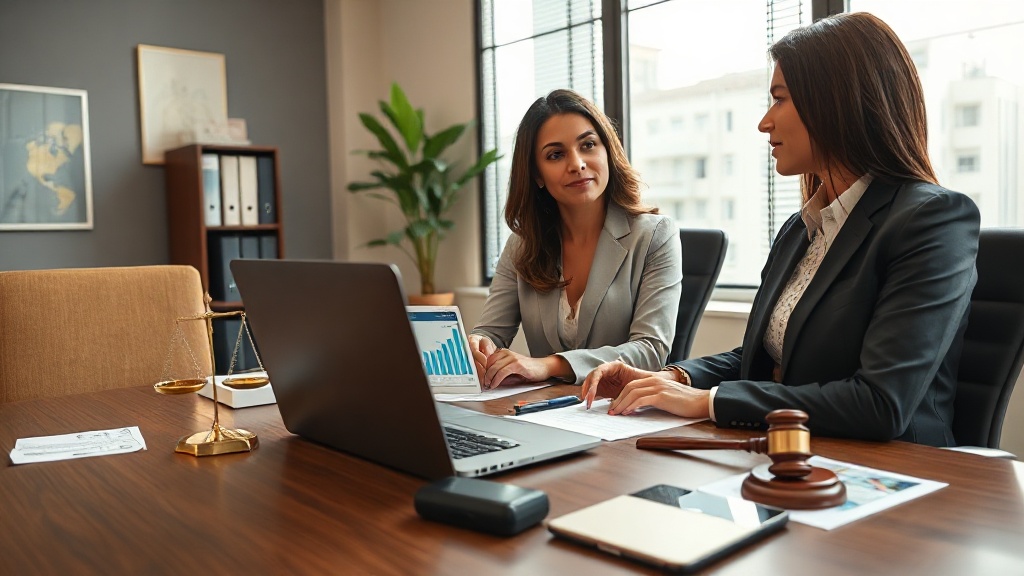 Advogados em escritório analisando métricas de leads vindos do Google no computador.