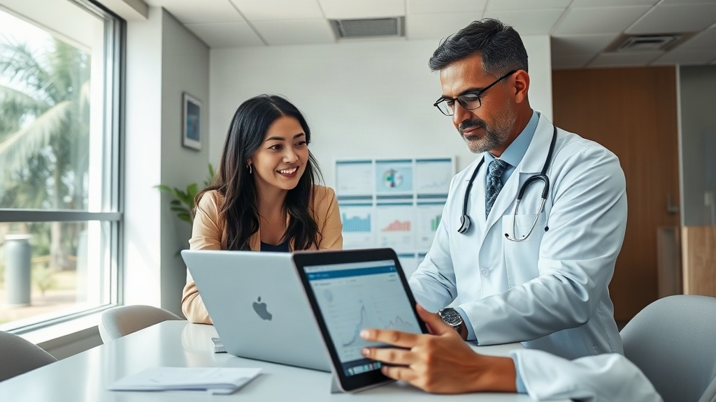 Gestor de marketing e médico revendo dados de pacientes em laptop em clínica, com foco em proteção de dados e LGPD.