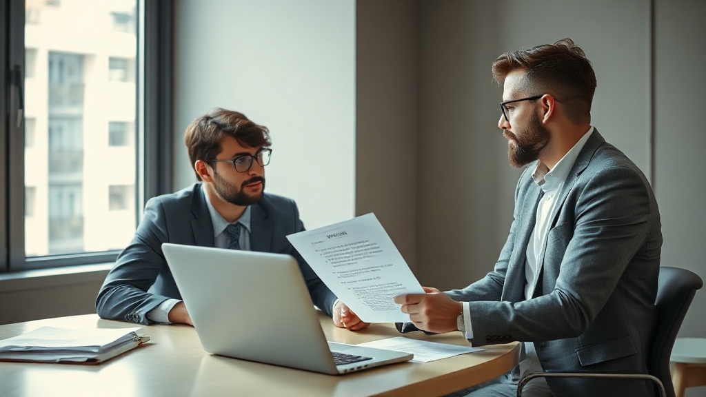 Advogado revisando com consultor de marketing o texto de site e anúncios conforme regras da OAB
