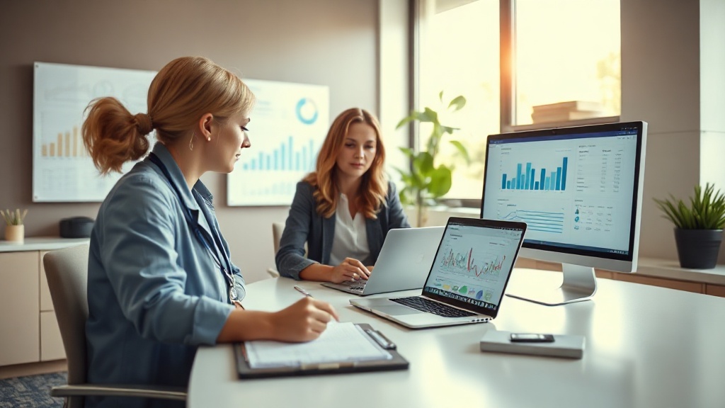 Gestora de clínica nova analisando planejamento de marketing digital com consultor em frente ao computador.