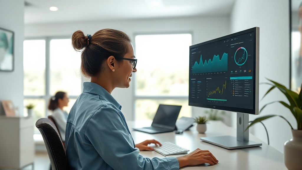 Recepção de clínica pequena usando computador com sistema de automação de marketing aberto na tela.