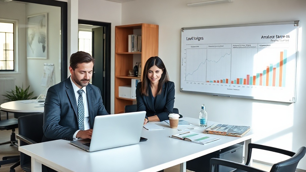 Advogados em pequeno escritório analisando relatórios de marketing e orçamento de SEO e automação.