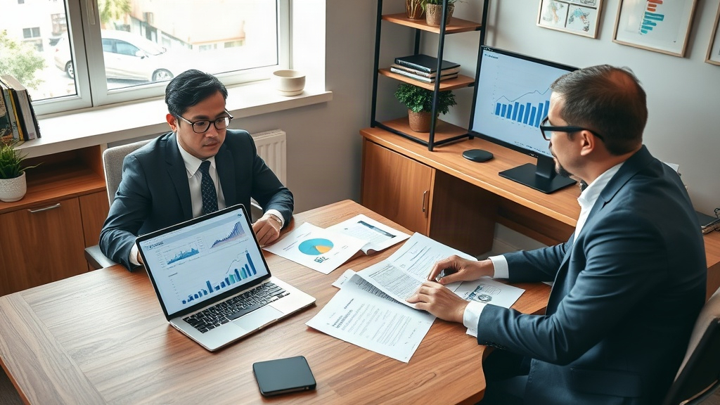 Advogado e consultor analisando relatórios de SEO em um pequeno escritório de advocacia