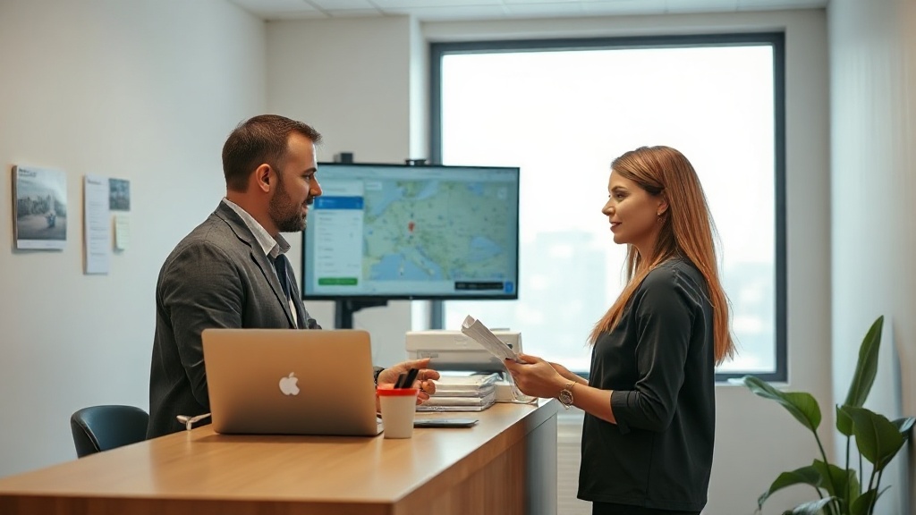 Equipe de clínica médica revisando checklist de SEO local em notebook na recepção.