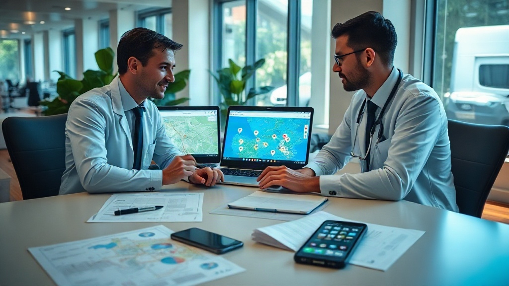Gestora de marketing analisando no computador o mapa com várias unidades de uma clínica.