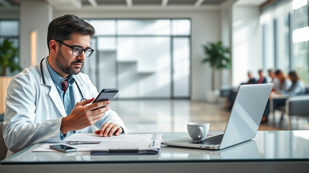 Médico analisando no celular um site de clínica lento na recepção