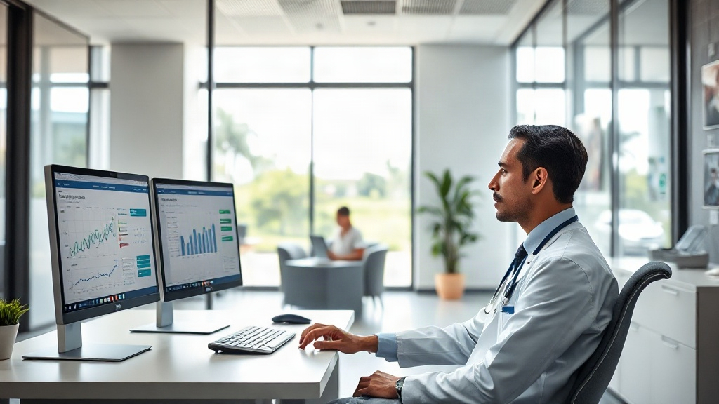 Médico analisando agenda e dados no computador em clínica com recepção parcialmente cheia.
