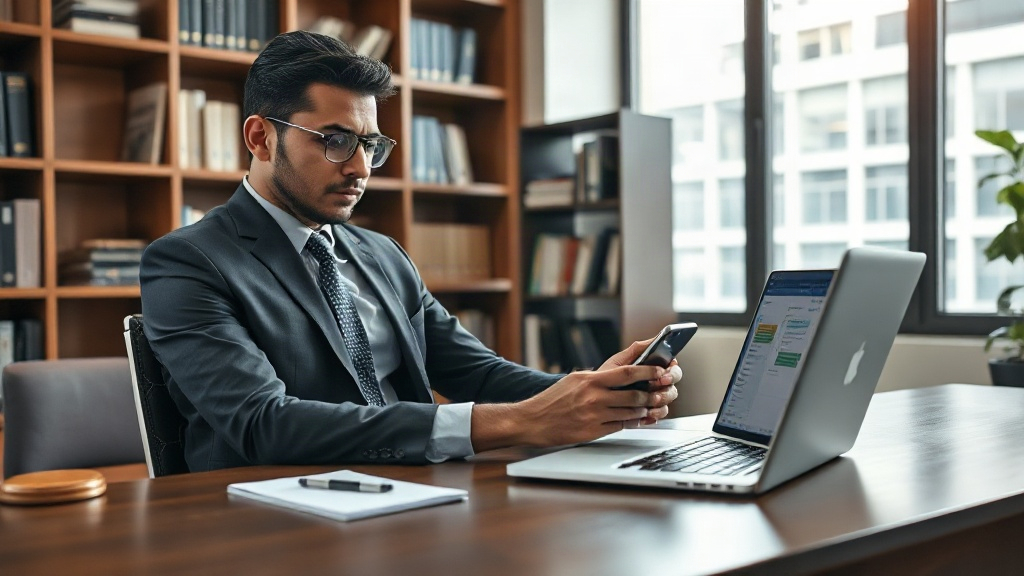 Advogado em escritório moderno usando notebook e celular para gerenciar automação de contatos com clientes