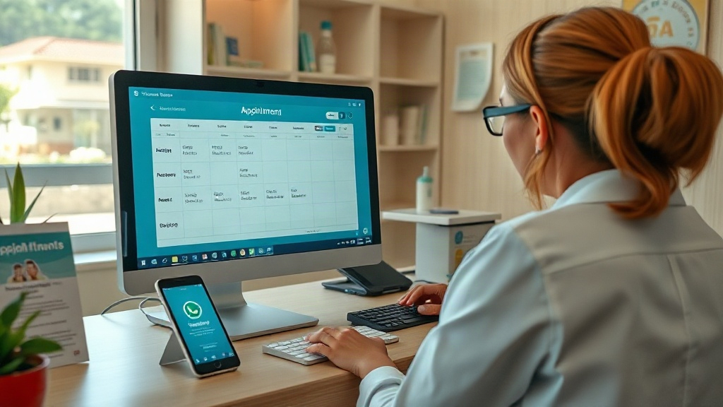 Recepção de clínica pequena com agenda no computador e celular exibindo confirmações de consultas pelo WhatsApp.