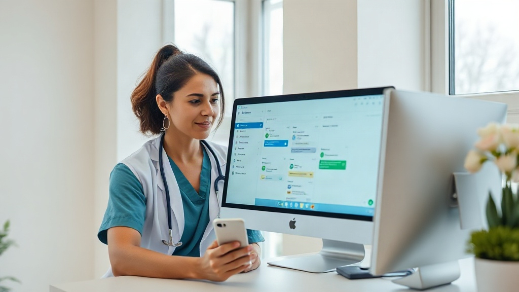 Recepcionista e profissional de clínica revisando mensagens automatizadas de pacientes no computador.