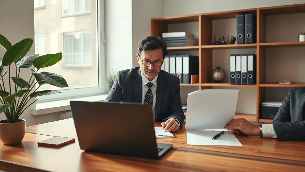 Advogado tributarista atendendo cliente em escritório enquanto analisa documentos de IRPF no notebook.