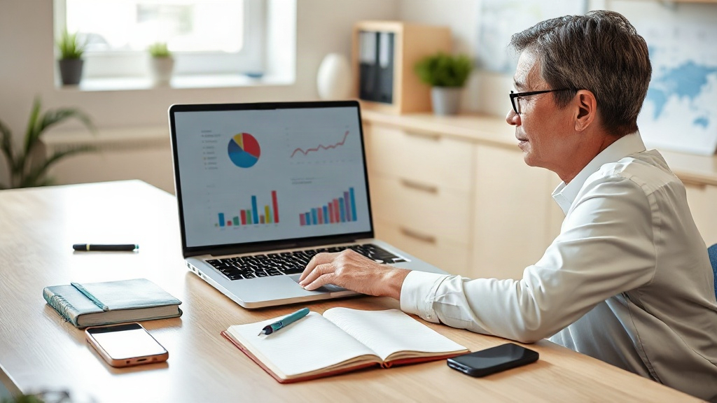Gestor de clínica pequena analisando dados do Google Search Console no notebook