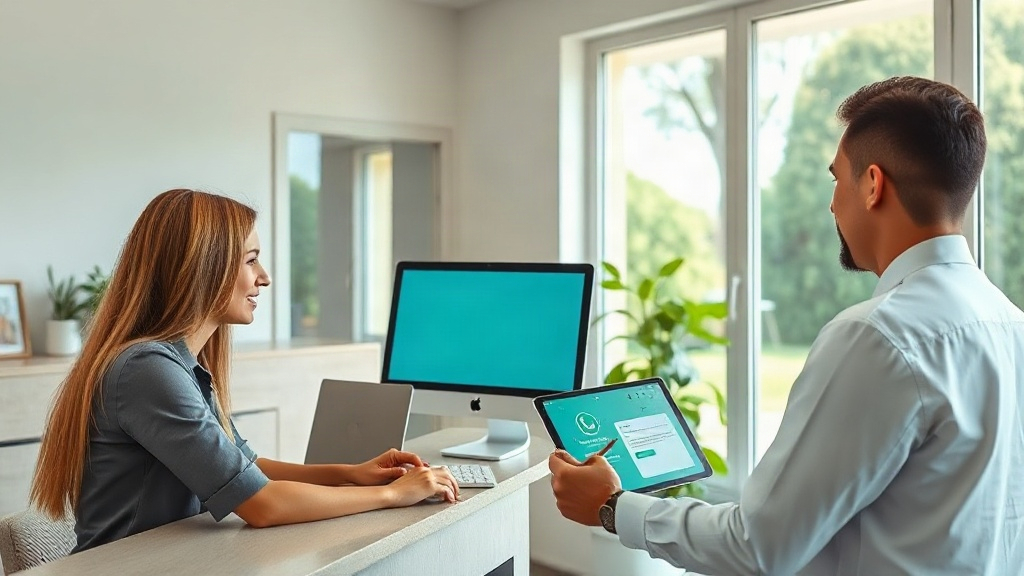 Recepção de clínica pequena com paciente assinando consentimento em tablet e secretária usando computador e celular.