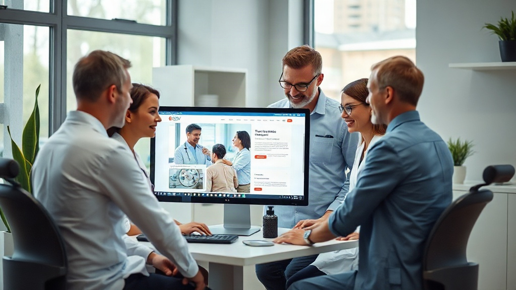 Equipe de clínica analisando no computador as páginas de tratamento do site focadas em SEO.