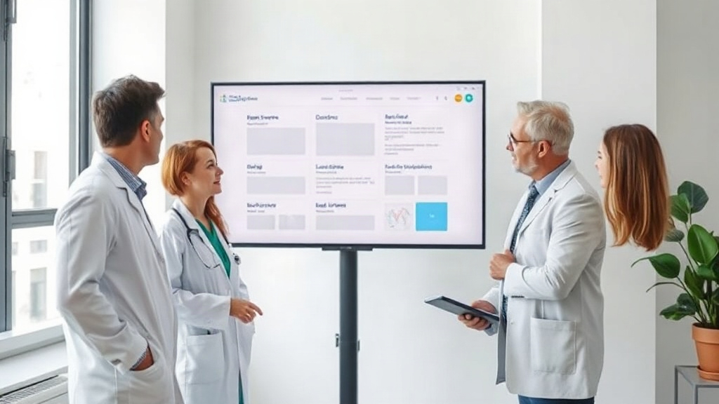 Equipe de clínica médica revisando no computador as páginas essenciais do site para SEO.