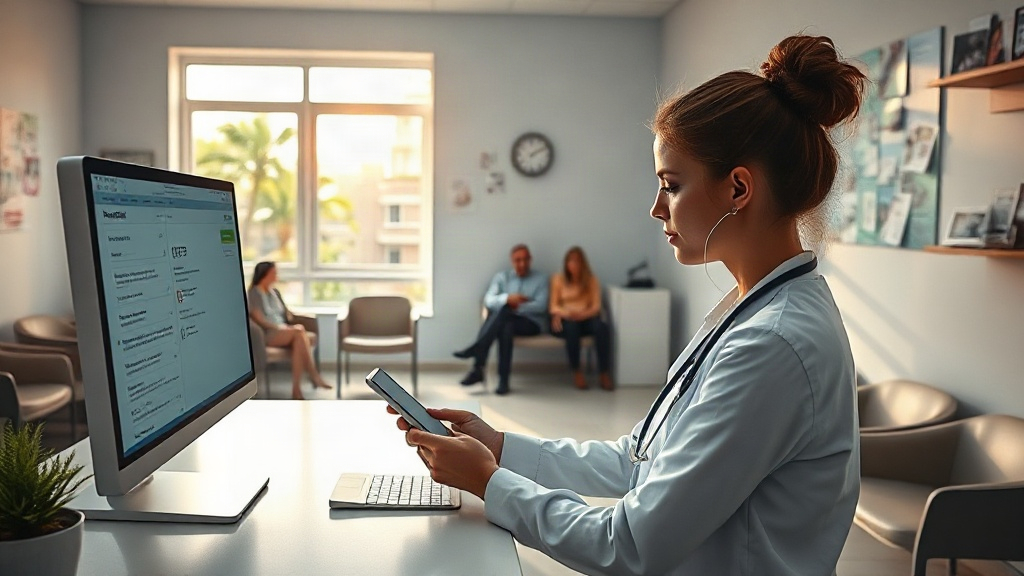 Recepcionista de clínica pequena usando computador e celular para gerenciar pacientes e automações de marketing.