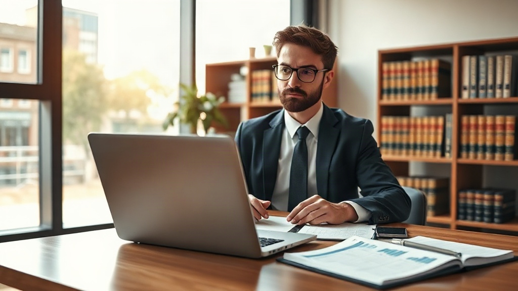Advogado em escritório analisando métricas de SEO no notebook ao lado de agenda semanal.