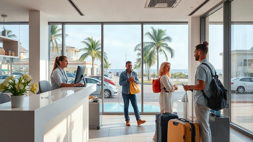 Recepção de clínica em cidade turística atendendo morador e turistas com malas ao fundo.