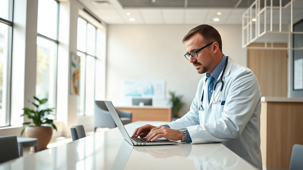 Gestor de marketing e médica analisando no notebook o desempenho do site da clínica na recepção.