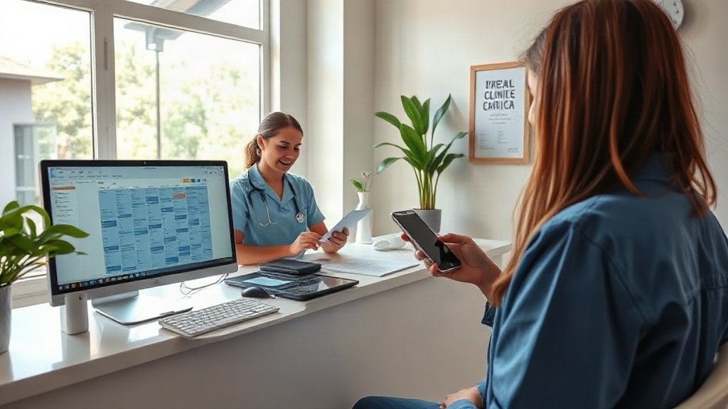 Recepção de clínica pequena com secretária usando sistema de agendamento online e paciente conferindo consulta no celular