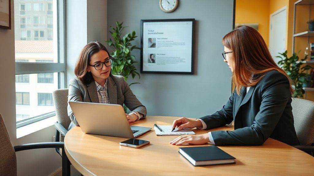 Equipe de pequeno escritório de advocacia revisando no notebook um fluxo de automação de follow up com anotações na mesa.