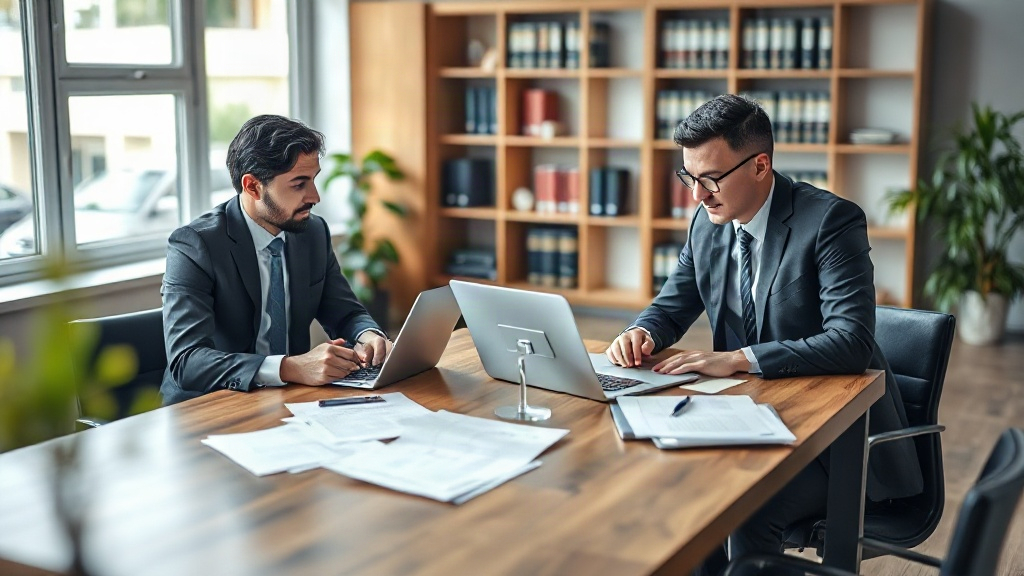Advogados em reunião com consultor de marketing definindo estratégia de blog e FAQ no escritório.