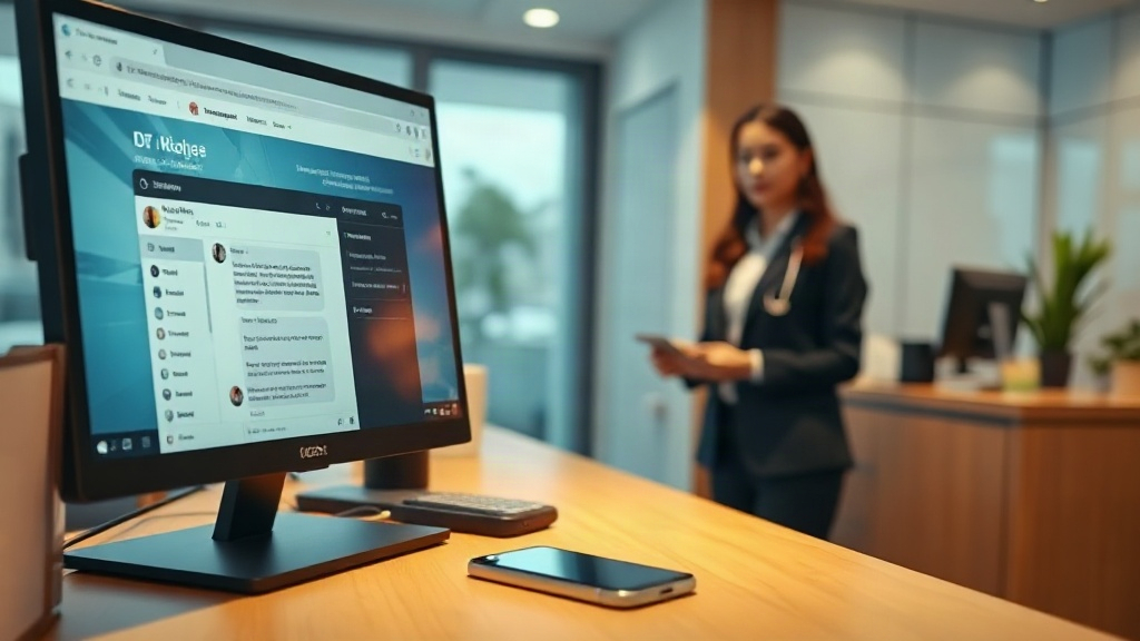 Recepção de clínica com computador exibindo chatbot no site e celular com conversa no WhatsApp sobre agendamento