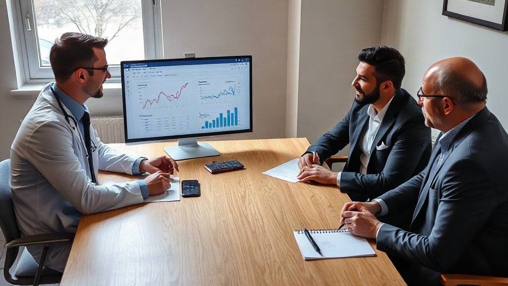 Consultor mostrando métricas de SEO e automação em notebook para profissionais de saúde e jurídico em reunião.