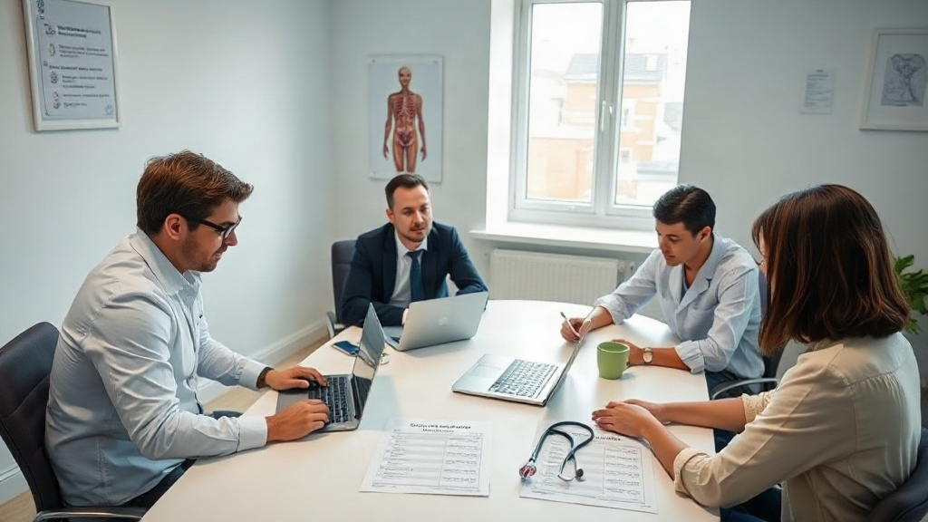 Equipe de clínica médica analisando planilha de URLs e novo site em um notebook durante planejamento de migração.