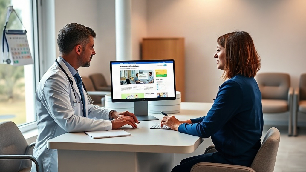 Médico e gestora de clínica avaliando landing page no notebook na recepção da clínica