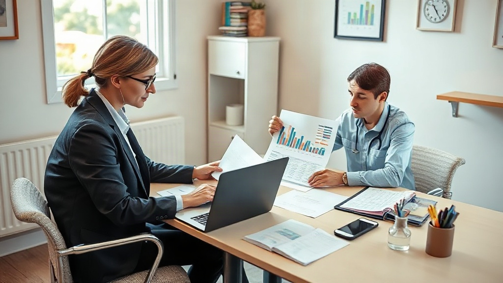 Gestor de clínica pequena analisando orçamento de SEO com consultor em frente ao computador.