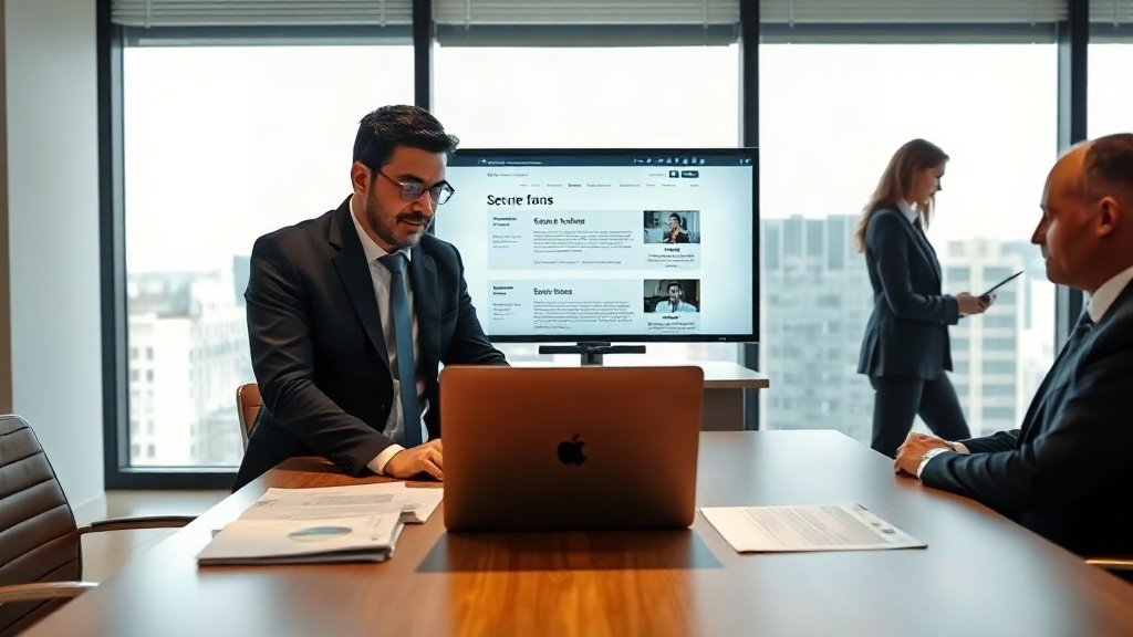 Advogados em reunião revisando no notebook a página de áreas de atuação do escritório.