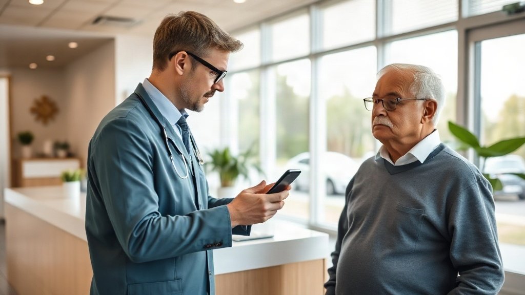 Recepcionista de clínica ajudando paciente a deixar avaliação no Google pelo celular na recepção.