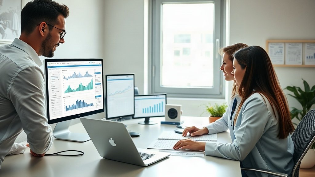 Equipe de clínica ou escritório pequeno analisando relatórios de tráfego do site em notebook e papéis sobre a mesa.