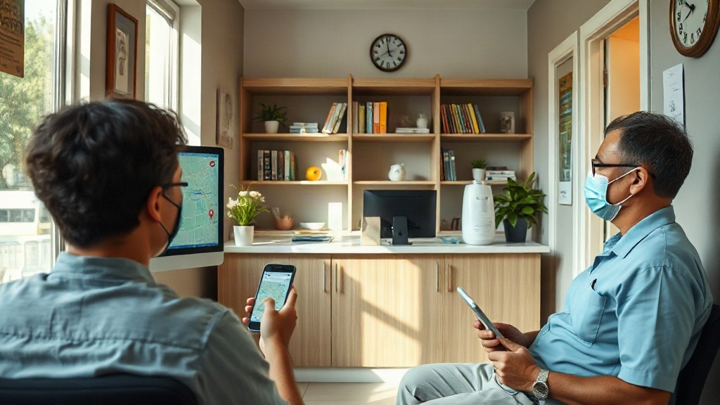 Recepção de clínica pequena com atendente no computador e paciente usando aplicativo de mapas no celular.