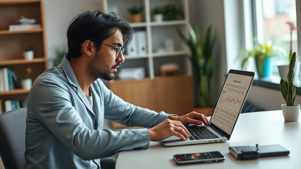 Gestor de clínica analisando no notebook um relatório de velocidade do site com expressão preocupada